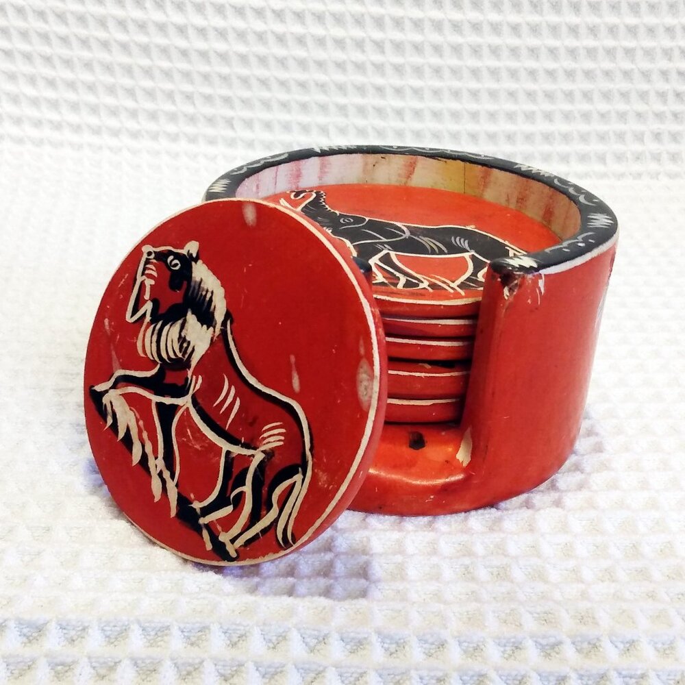 African Animals Hand Carved Kisii Soapstone Coasters-Set of 6-Black/Red/White